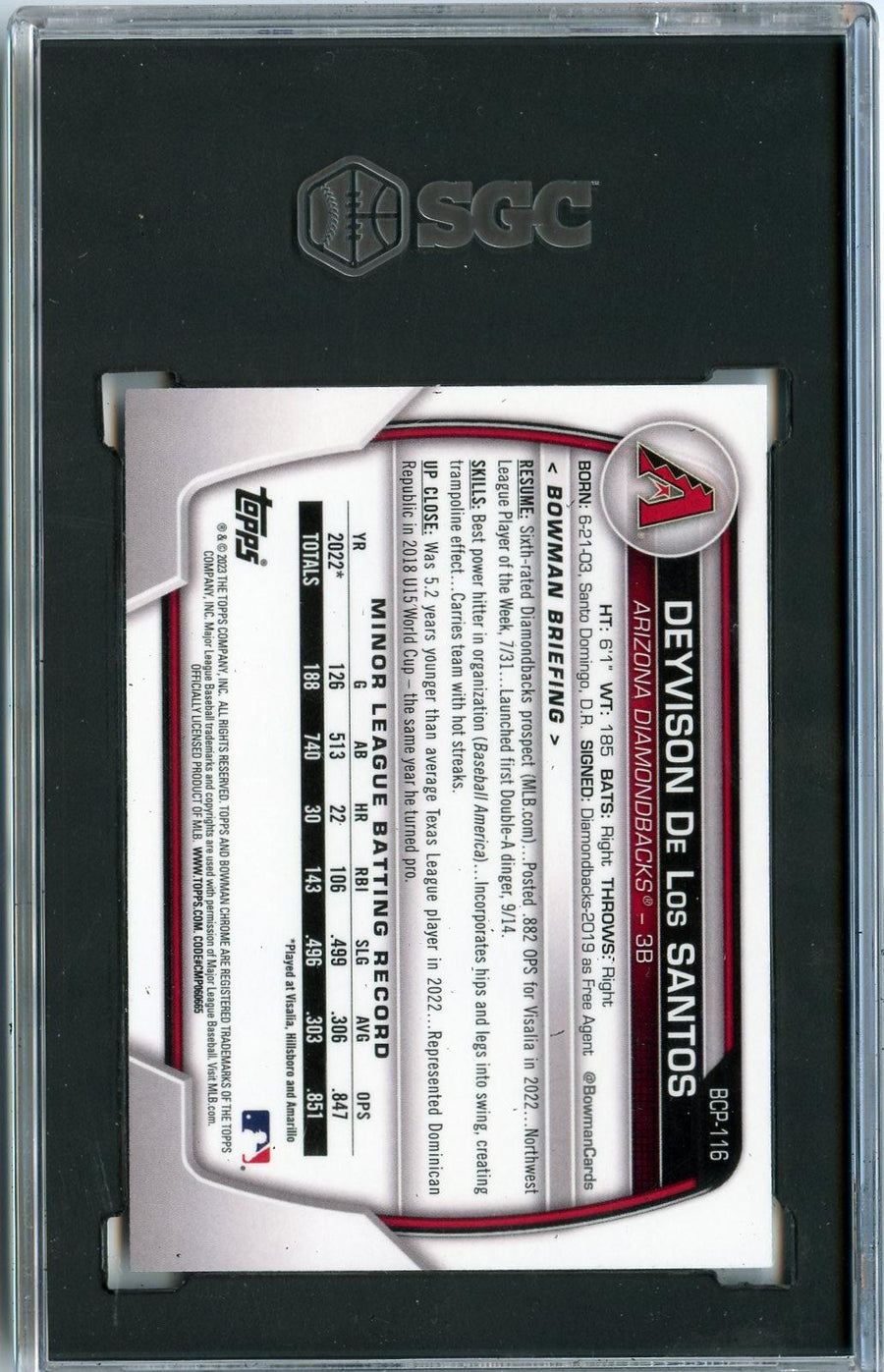 2023 Bowman #BCP-116 Deyvison De Los Santos Chrome Prospects SGC 9.5 — Back