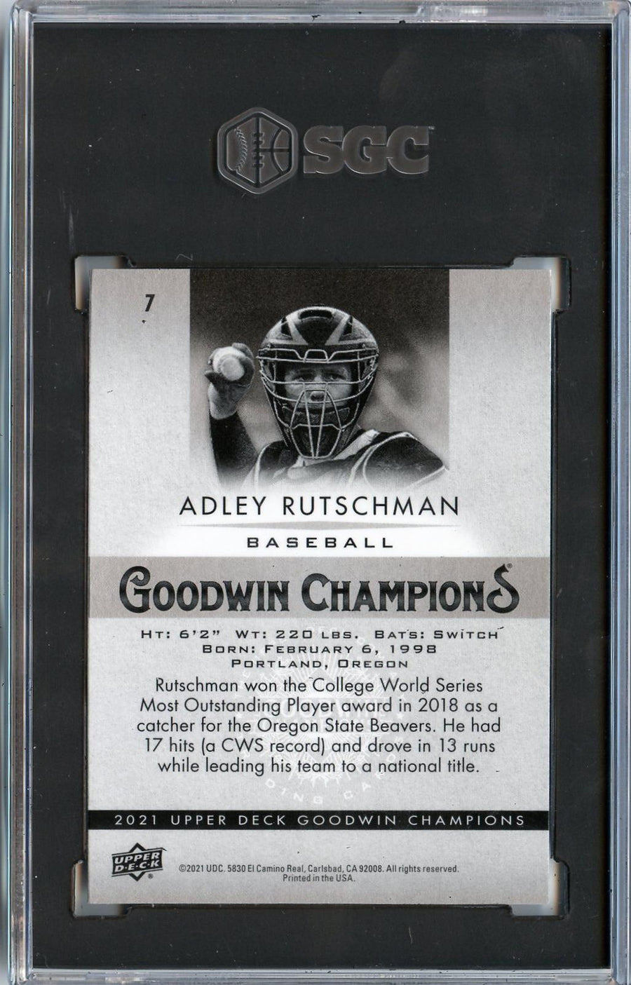 2021 Upper Deck Goodwin Champions #7 Adley Rutschman Platinum Rainbow SGC 9.5 — Back