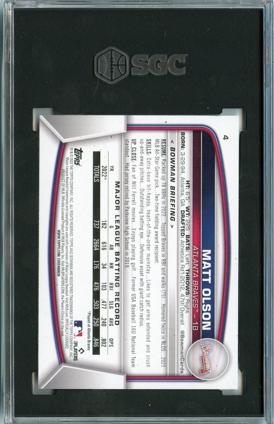 2023 Bowman #4 Matt Olson SGC 9.5 — Back
