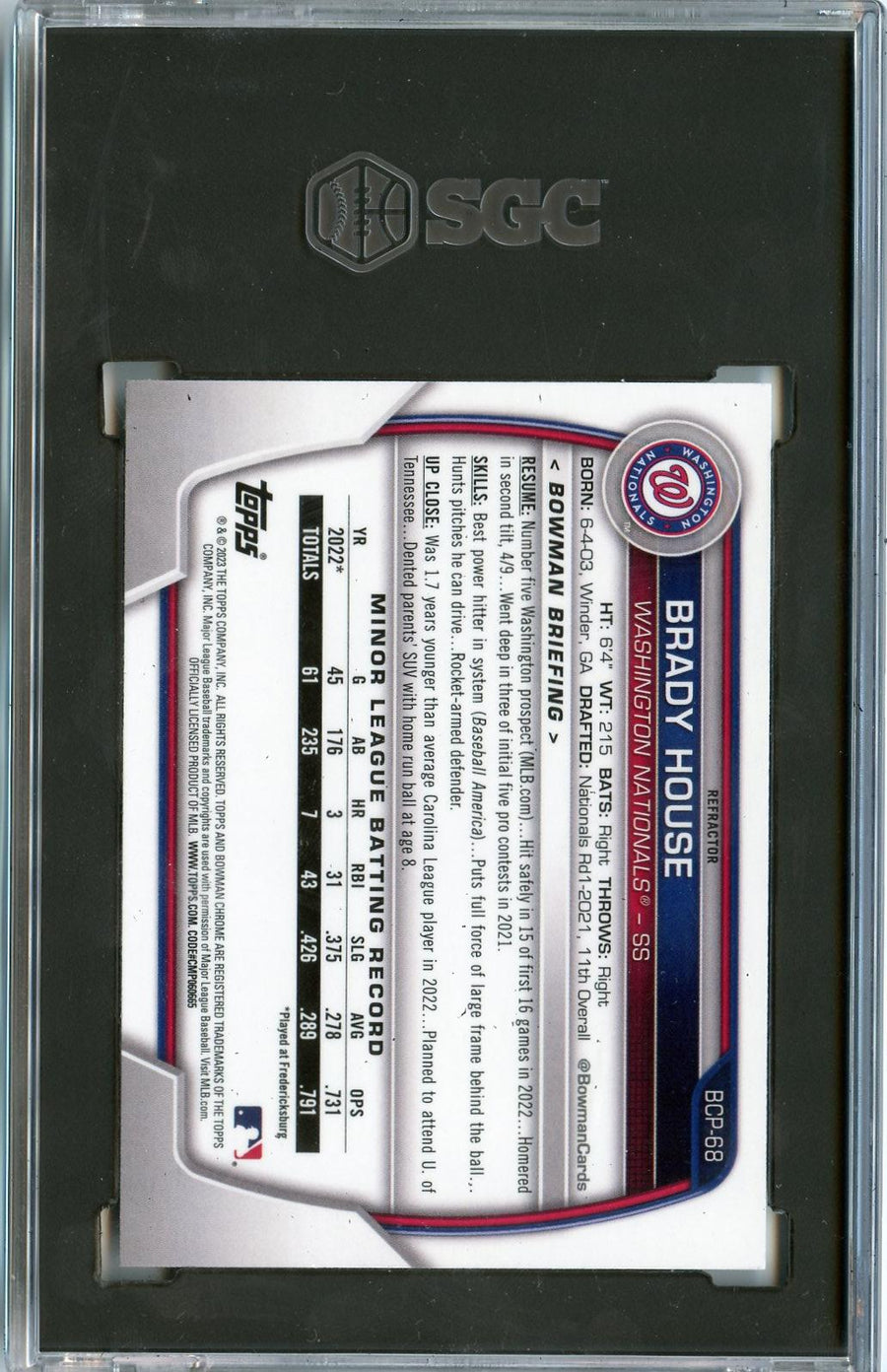 2023 Bowman #BCP-68 Brady House Lunar Glow Refractors SGC 9.5 — Back