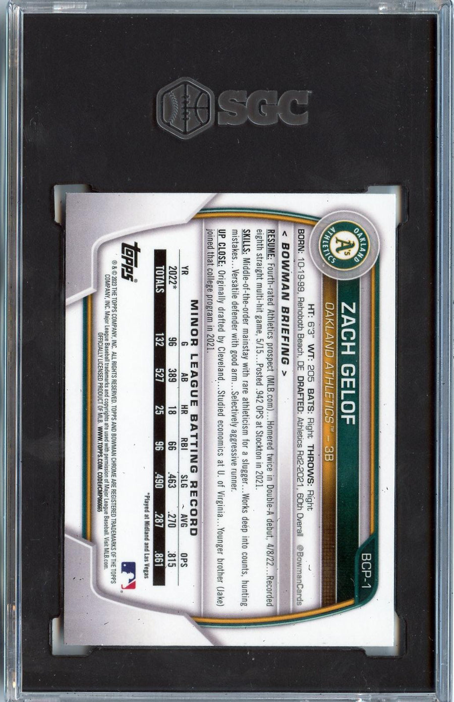 2023 Bowman #BCP-1 Zack Gelof Chrome Prospects Pearl Refractors SGC 9.5 — Back