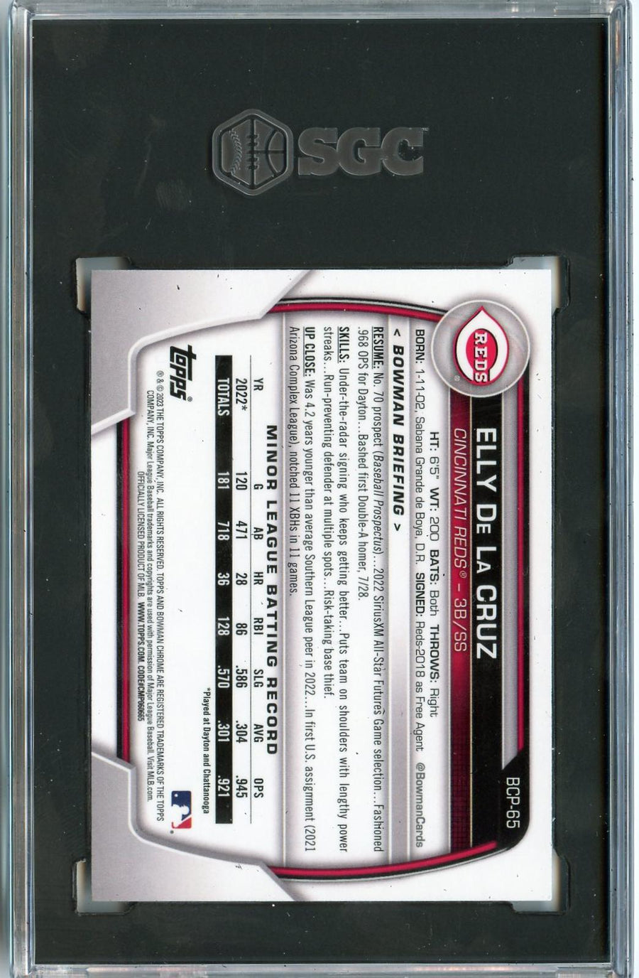 2023 Bowman #BCP-65 Elly De La Cruz Chrome Prospects SGC 9.5 — Back