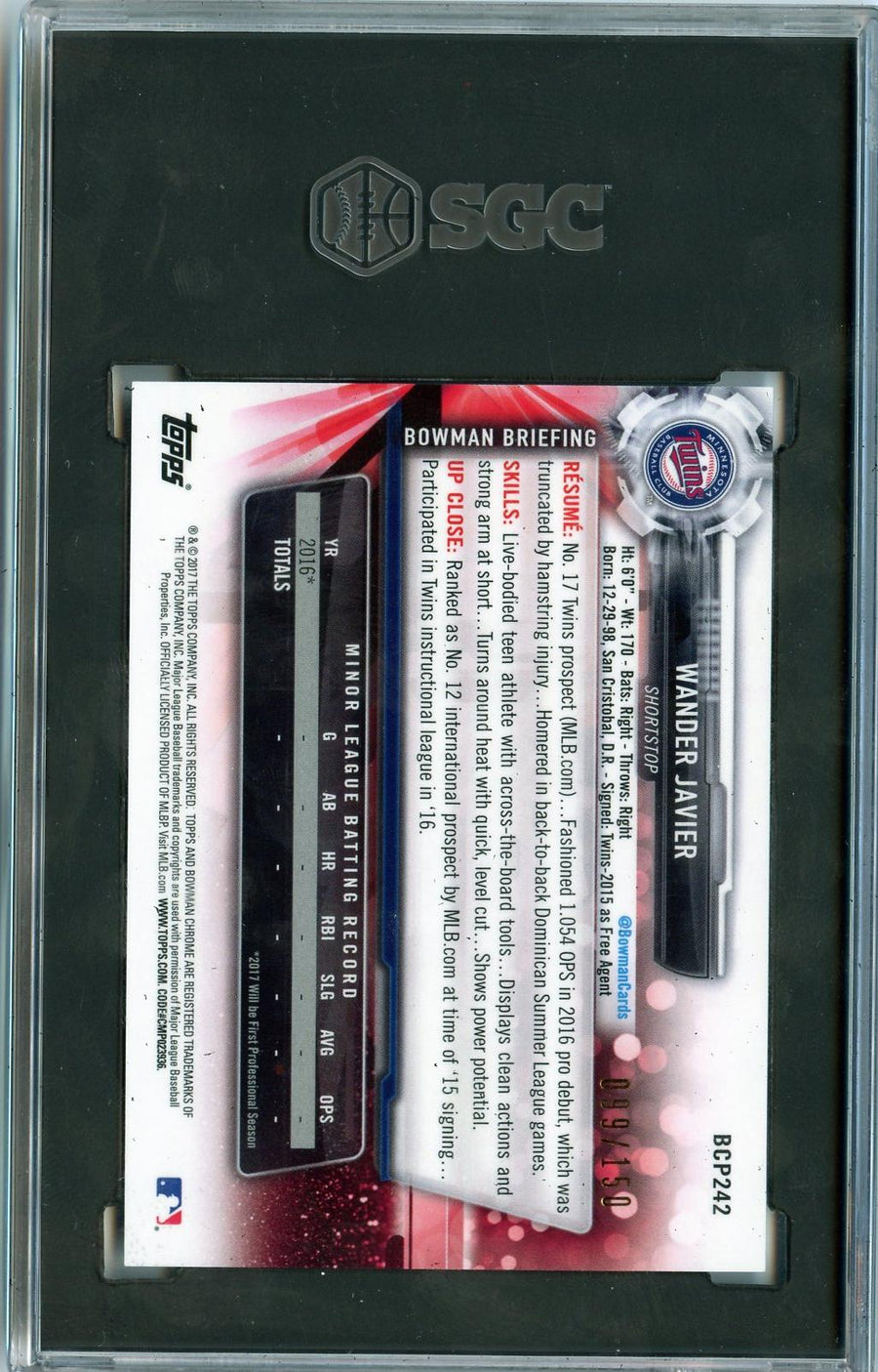 2017 Bowman Chrome #BCP242 Wander Javier Prospects Blue Refractor SGC 9.5 — Back