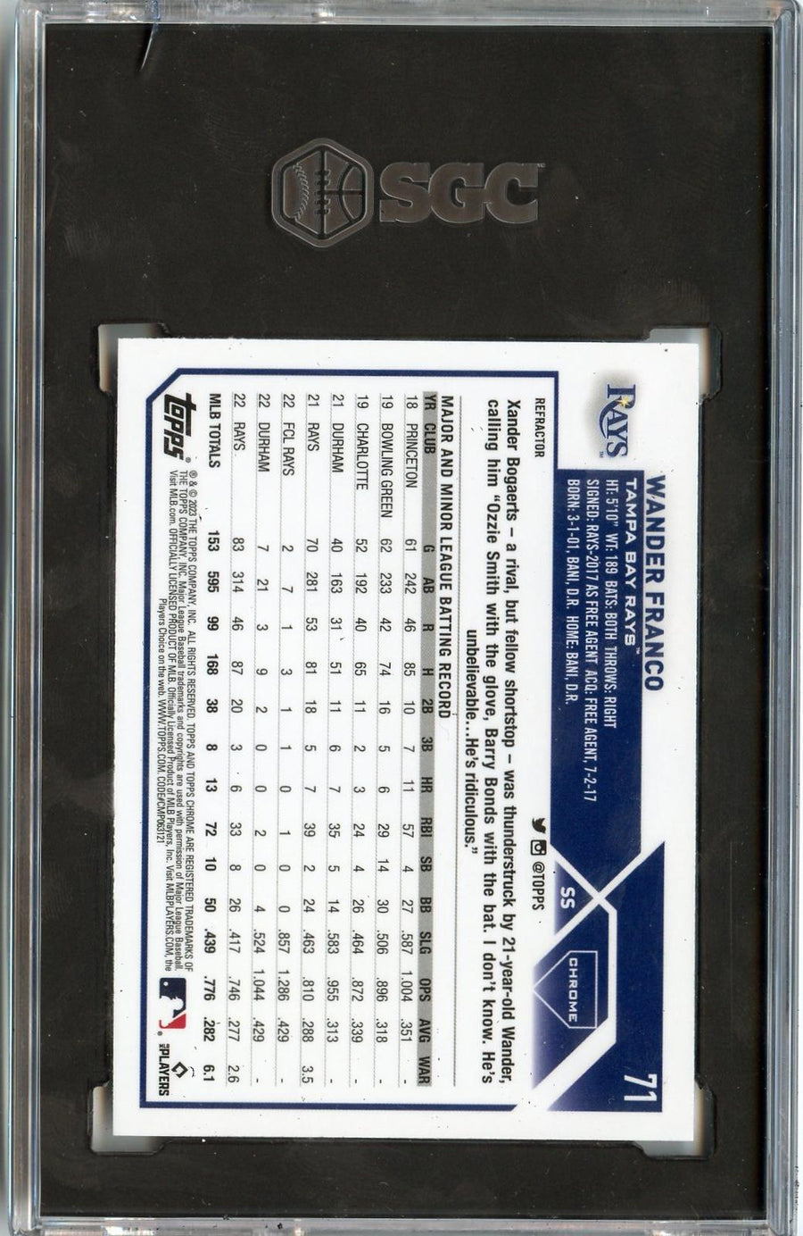 2023 Topps Chrome #71 Wander Franco Refractors SGC 9.5 — Back