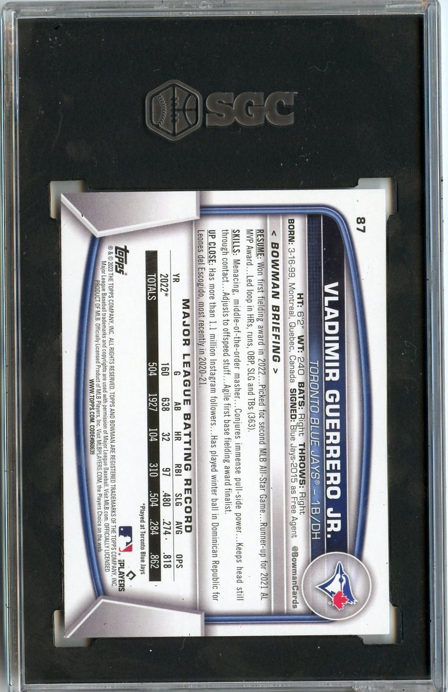 2023 Bowman #87 Vladimir Guerrero Jr. SGC 9 — Back