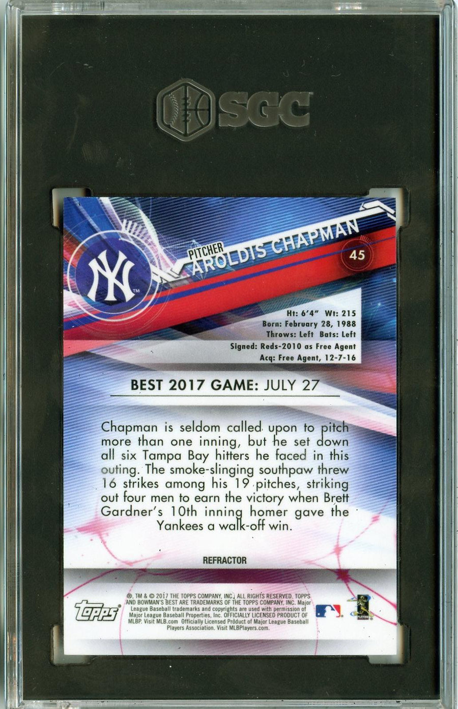 2017 Bowman's Best #45 Aroldis Chapman Purple Refractor SGC 9 — Back