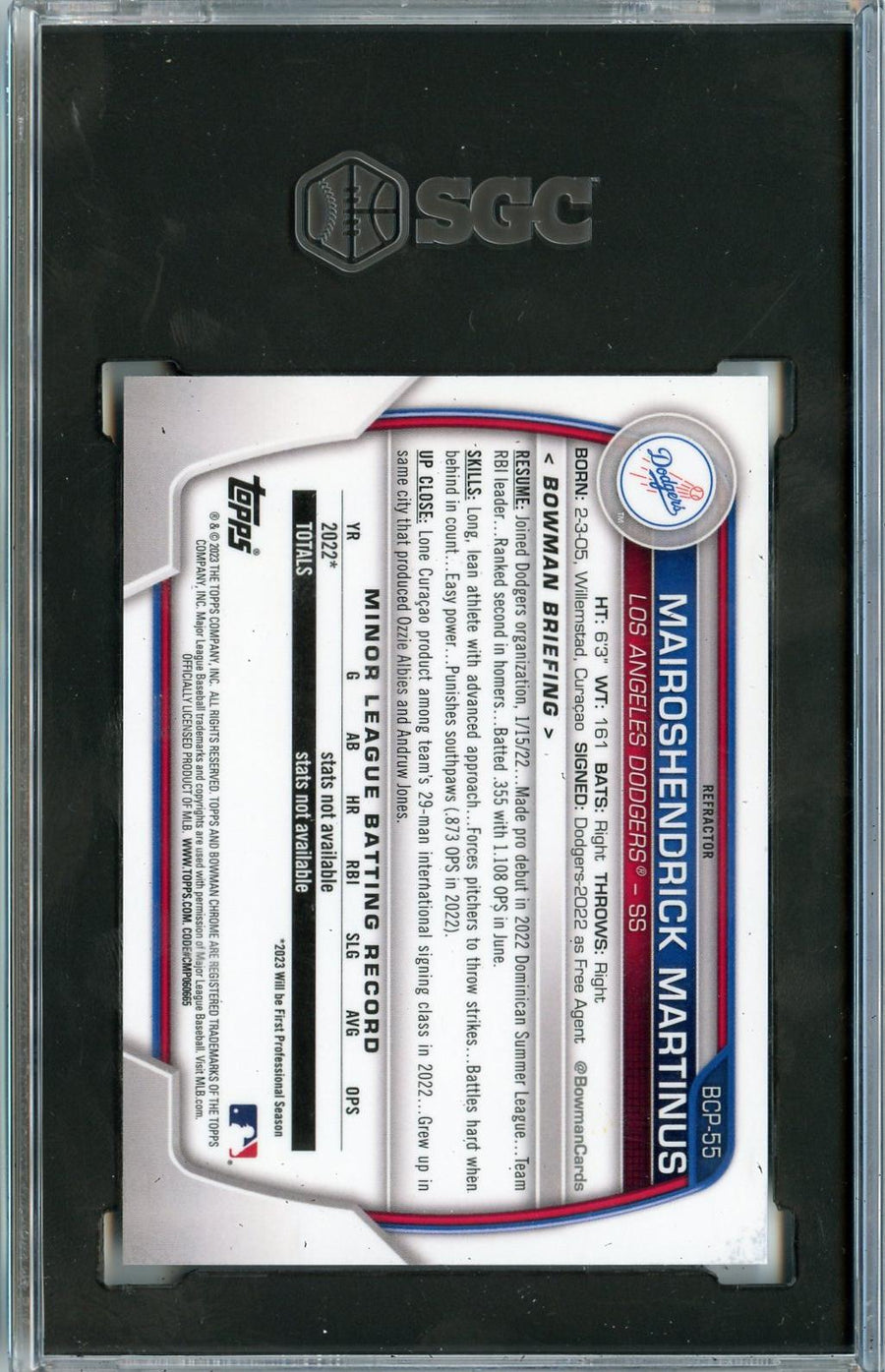 2023 Bowman #BCP-55 Mairoshendrick Martinus Chrome Prospects SGC 9 — Back