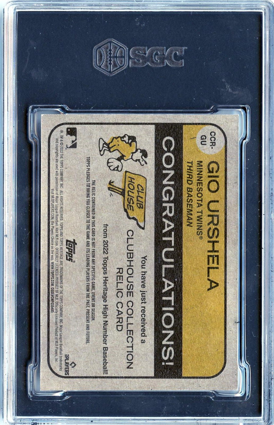 2022 Topps Heritage #CCR-GU Gio Urshela Clubhouse Collection Relics High Number SGC 9 — Back