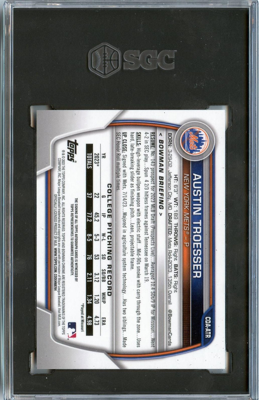 2023 #CDA-ATR Austin Troesser Chrome Prospect Autographs SGC 8.5 — Back