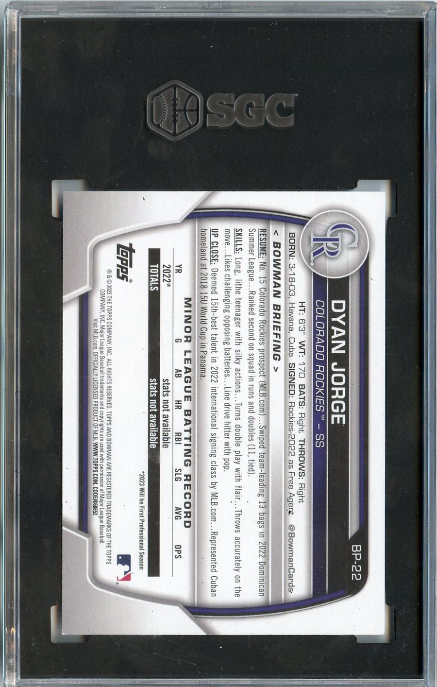 2023 Bowman #BP-22 Dyan Jorge Prospects Sky Blue SGC 8.5 — Back