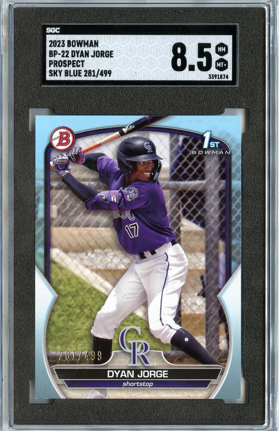 2023 Bowman #BP-22 Dyan Jorge Prospects Sky Blue SGC 8.5 — Front