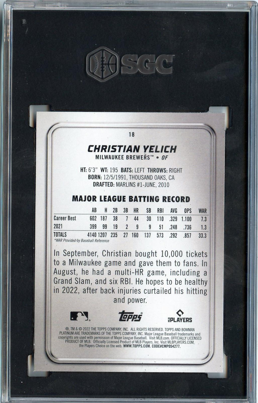 2022 Bowman Platinum #18 Christian Yelich SGC 8 — Back