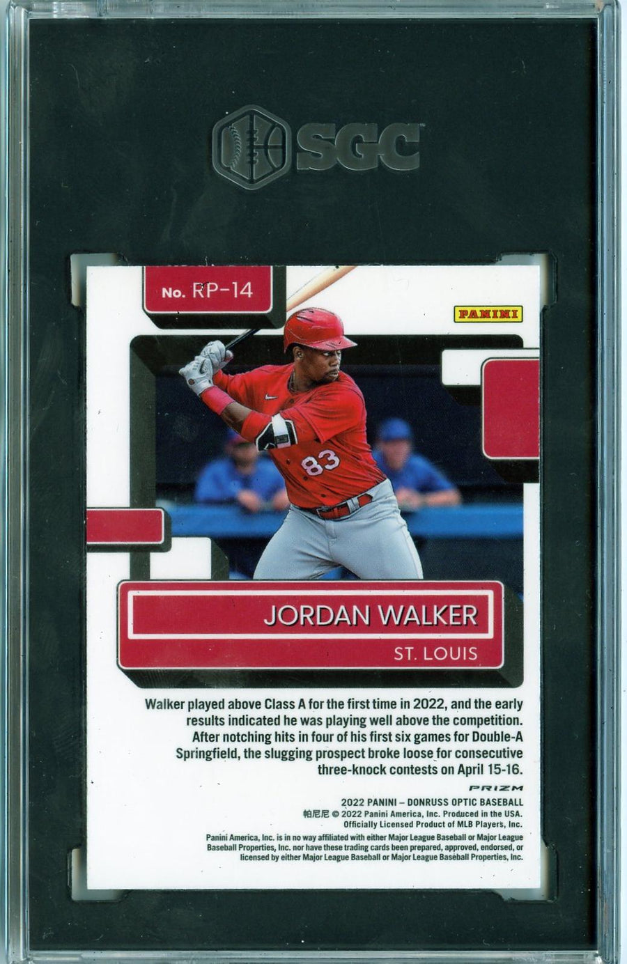 2022 Donruss Optic #RP-14 Jordan Walker Rated Prospects Holo Prizm SGC 8 — Back