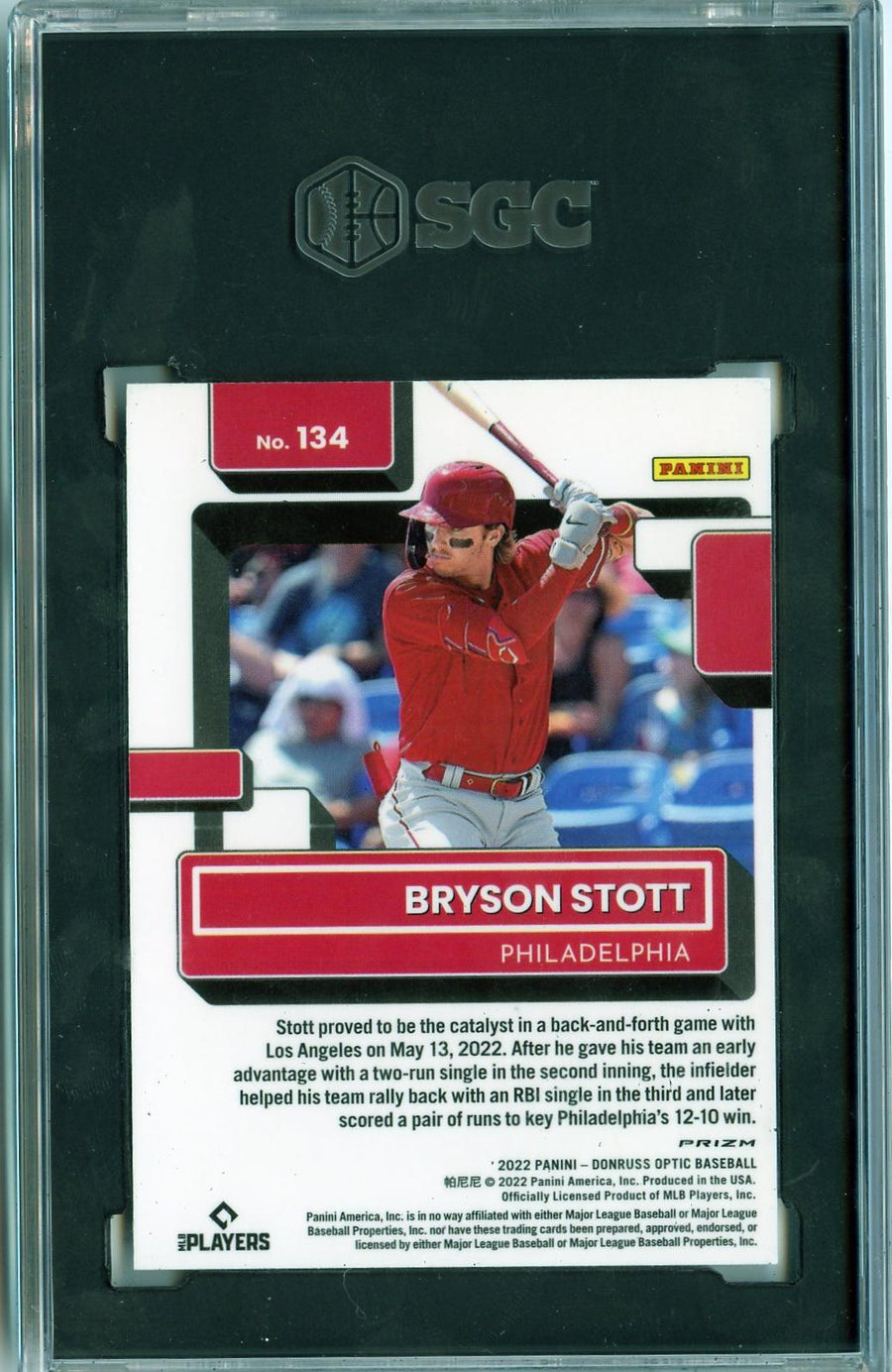 2022 Donruss Optic #134 Bryson Stott Holo Prizm SGC 6 — Back