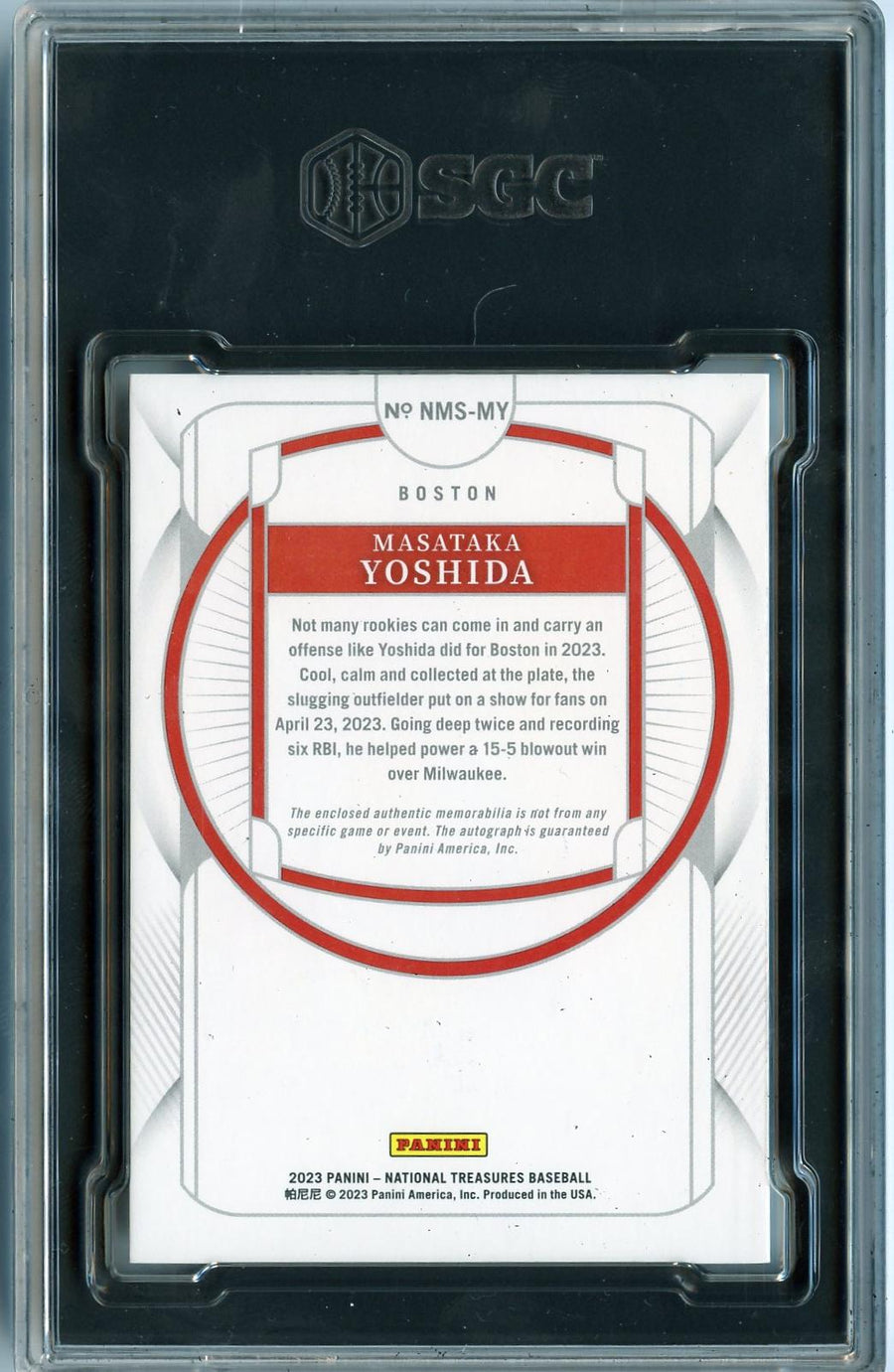 2023 Panini #NMS-MY Masataka Yoshida NT Materials Signatures SGC 8-10 — Back