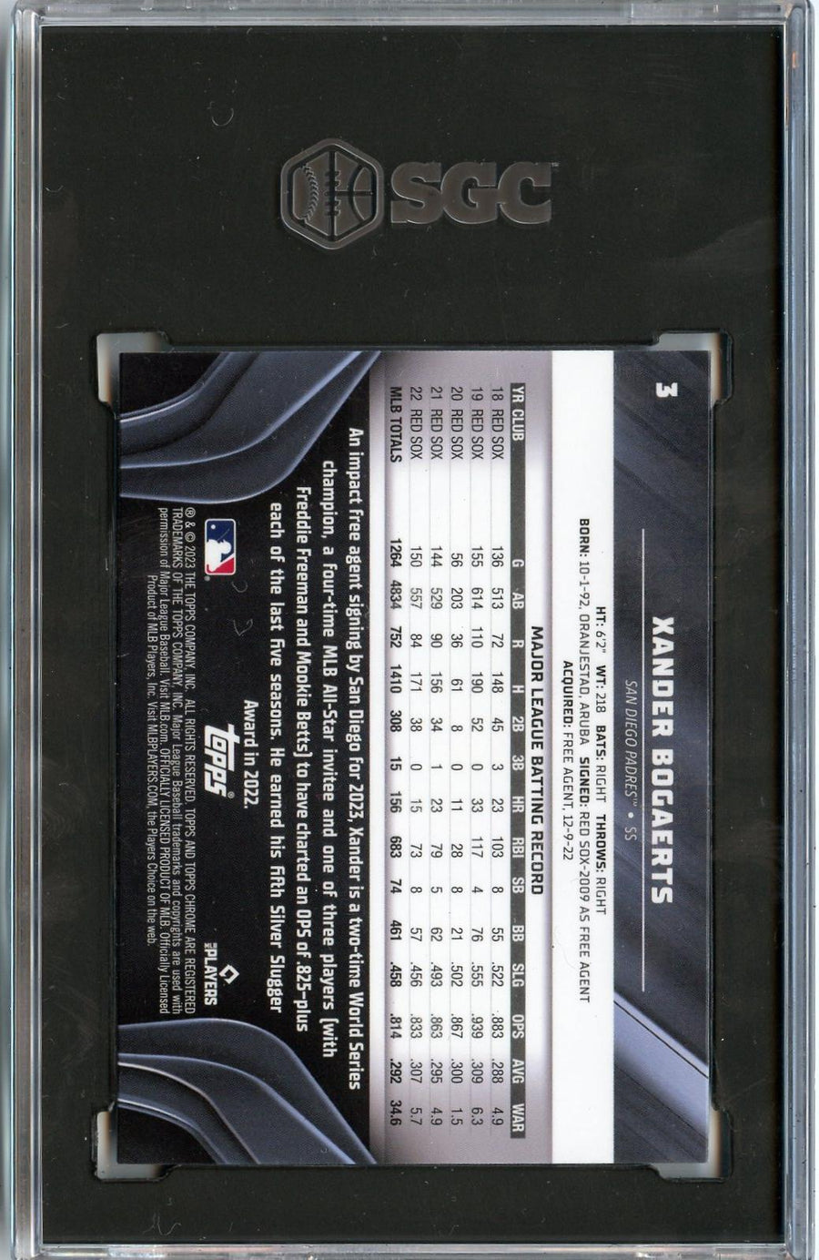 2023 Topps Chrome Black #3 Xander Bogaerts SGC 10 — Back