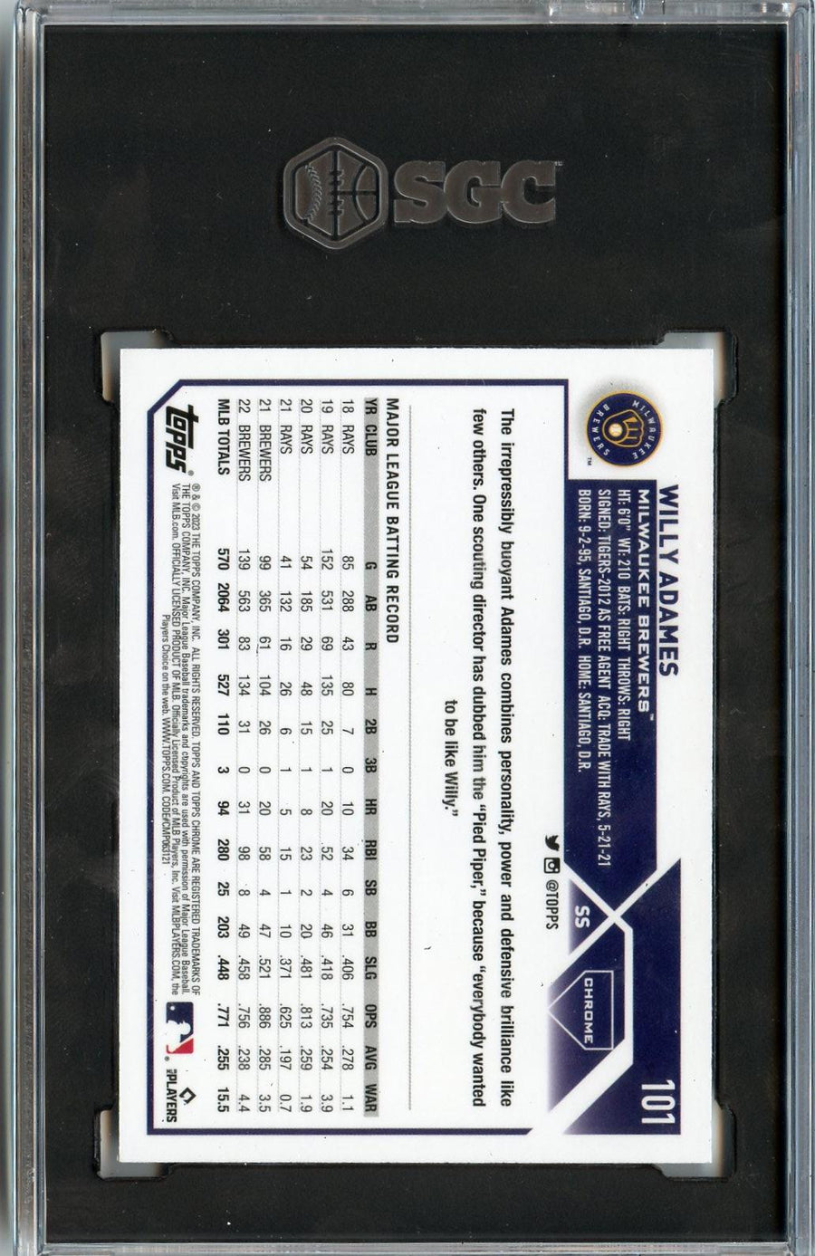 2023 Topps Chrome #101 Willy Adames Prism Refractors SGC 9.5 — Back