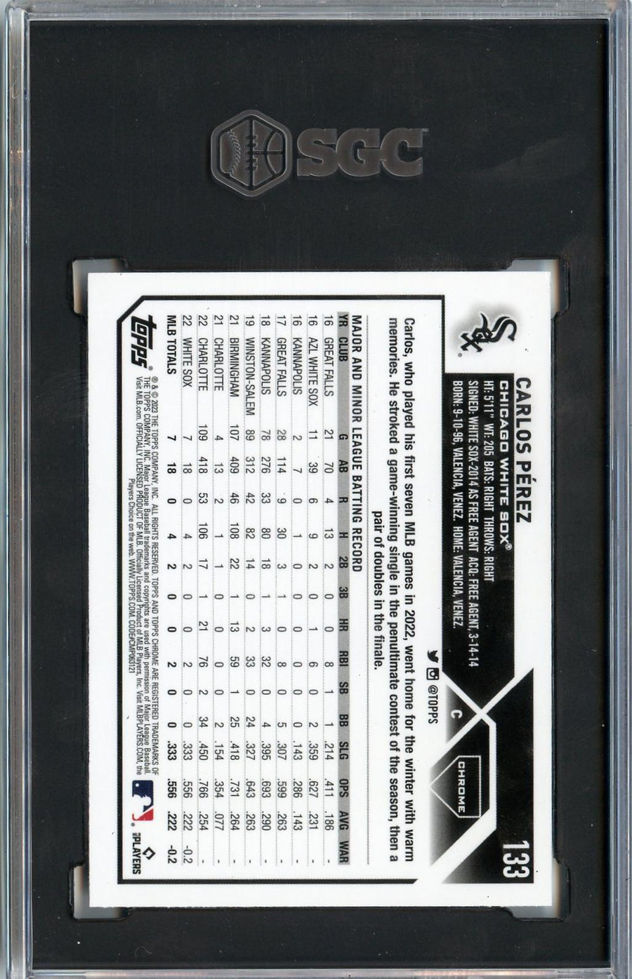 2023 Topps Chrome #133 Carlos P������������������rez Sepia Refractors RC SGC 9.5 — Back