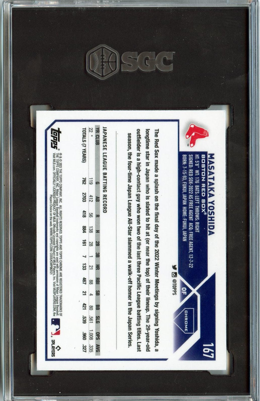 2023 Topps Chrome #167 Masataka Yoshida RC SGC 9 — Back