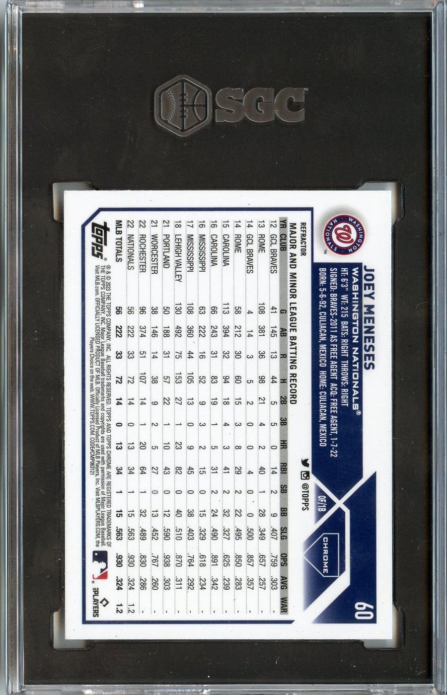 2023 Topps Chrome #60 Joey Meneses Refractors SGC 8.5 — Back