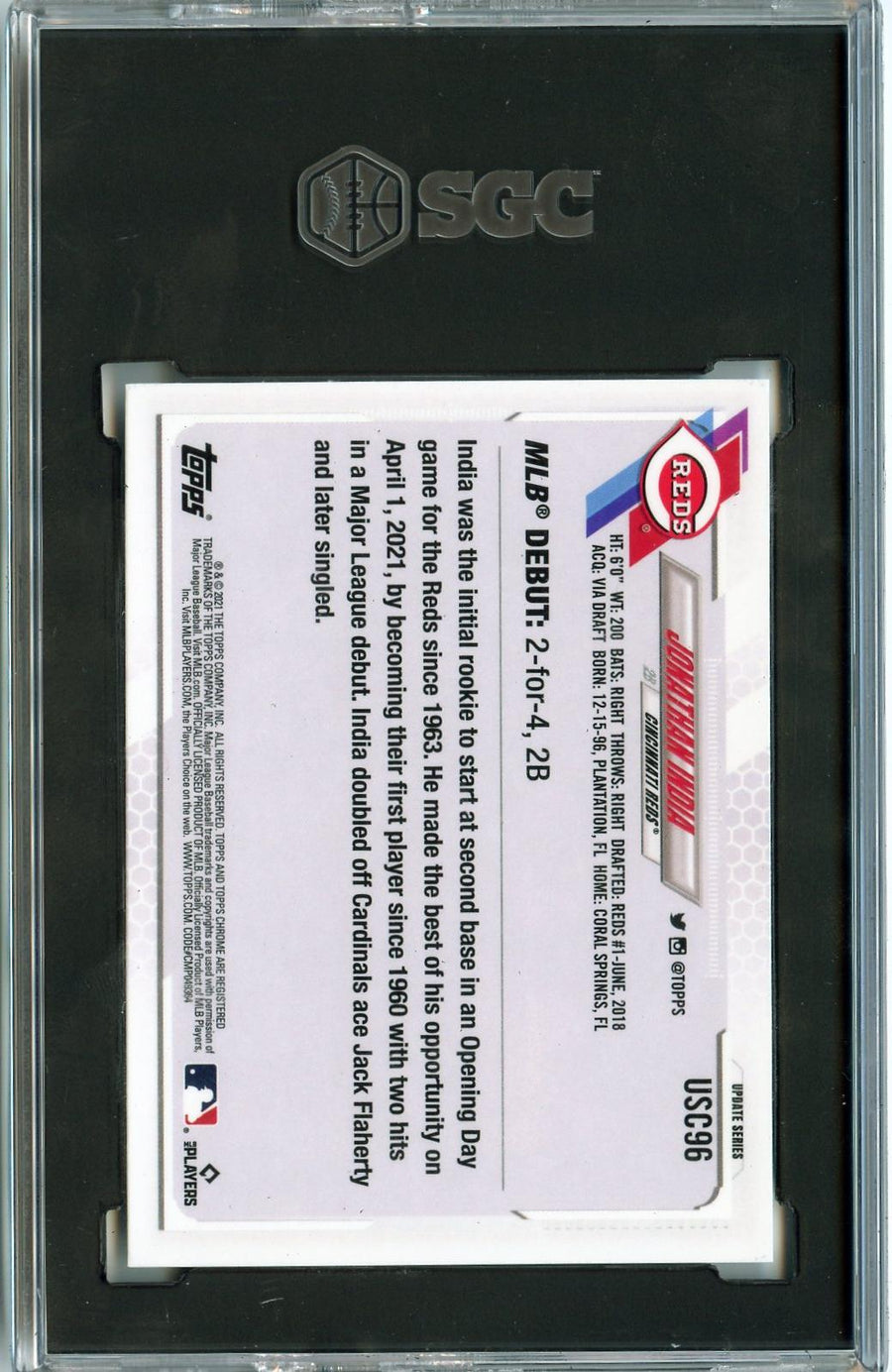 2021 Topps Chrome Update #USC96 Jonathan India RC SGC 9.5 — Back