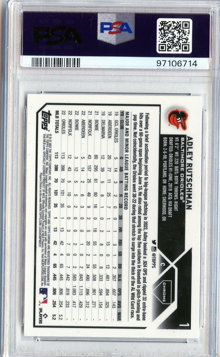 2023 Topps Chrome #1 Adley Rutschman RC PSA 10 — Back
