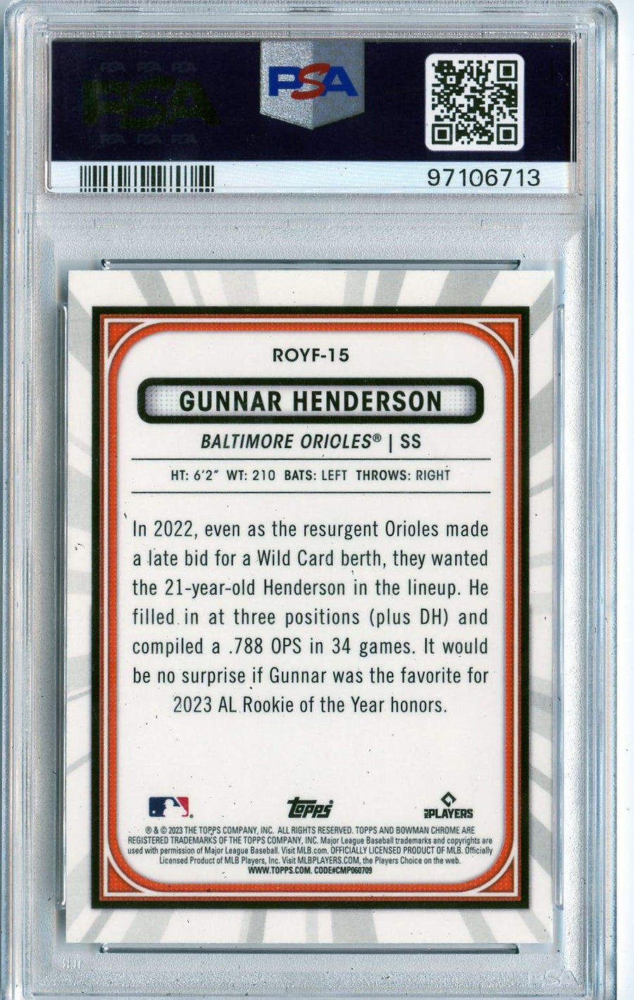 2023 Bowman #ROYF-15 Gunnar Henderson Rookie of the Year Favorites PSA 8 — Back