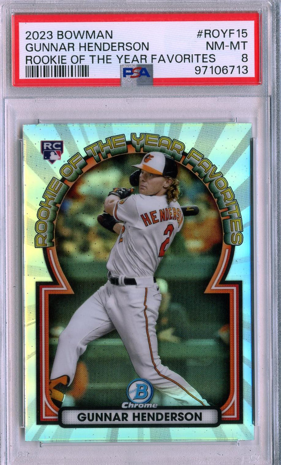 2023 Bowman #ROYF-15 Gunnar Henderson Rookie of the Year Favorites PSA 8 — Front