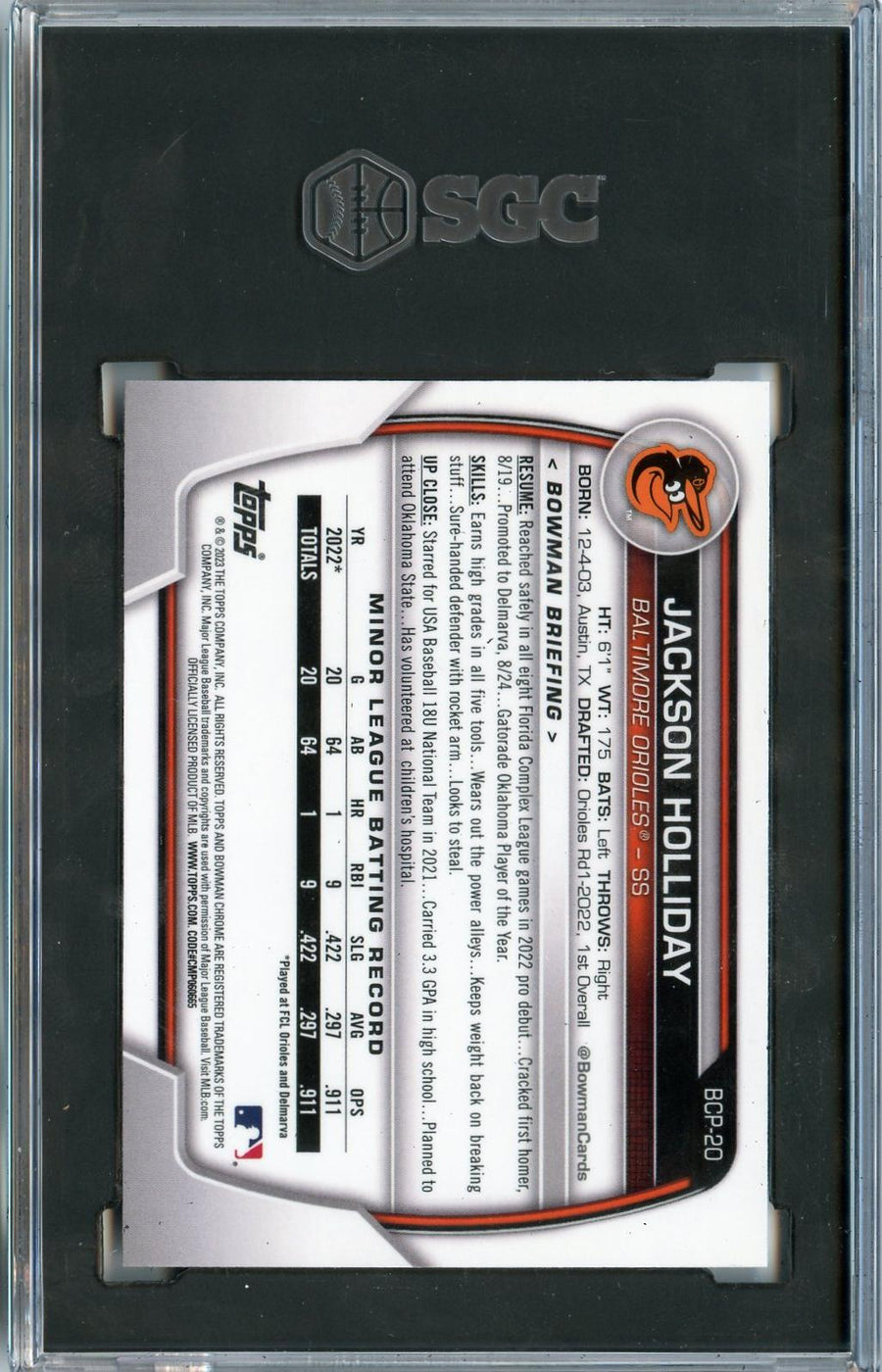2023 Bowman #BCP-20 Jackson Holliday Chrome Prospects SGC 10 — Back