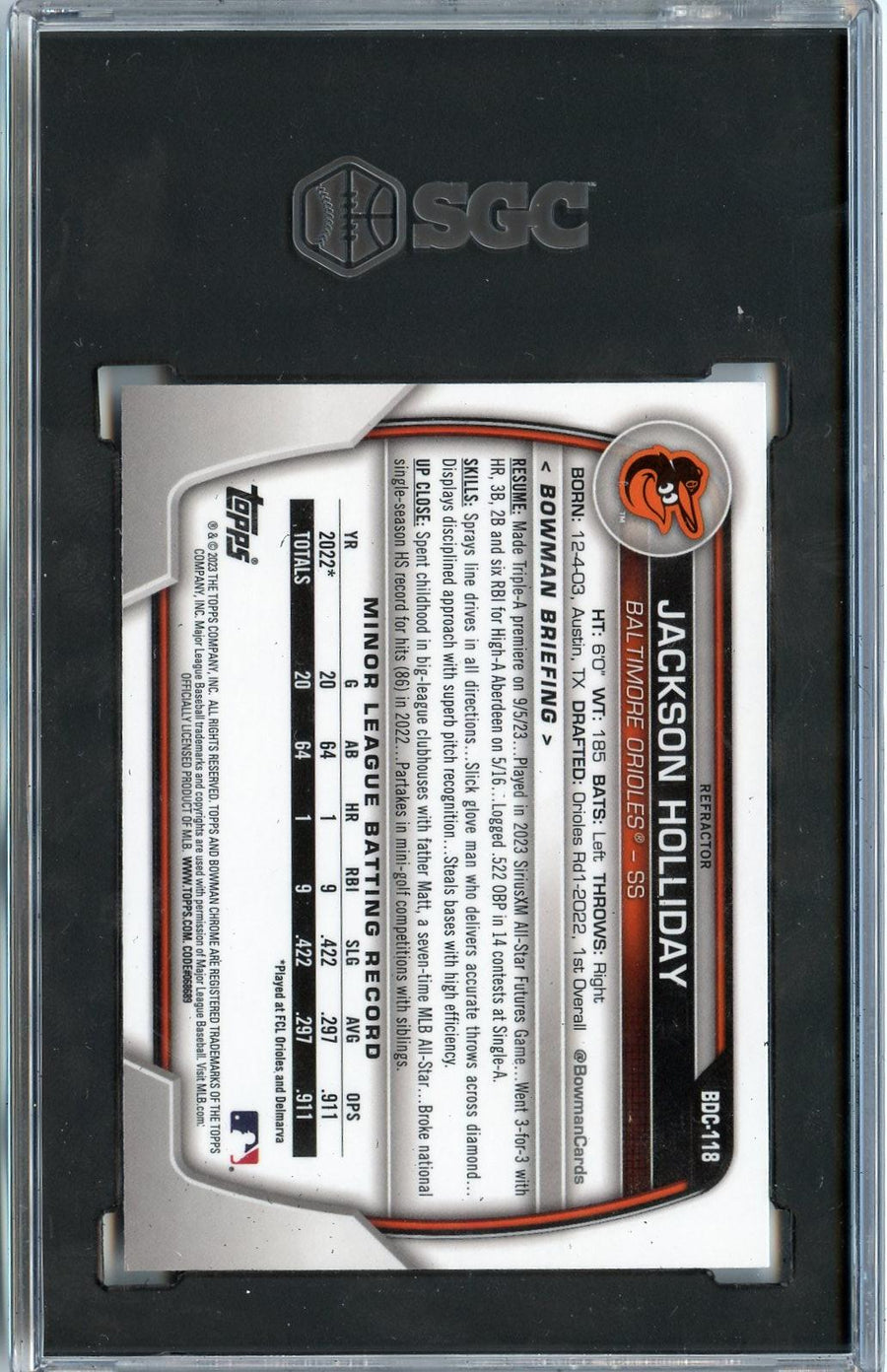2023 Bowman Draft #BDC-118 Jackson Holliday Chrome Refractor SGC 10 — Back