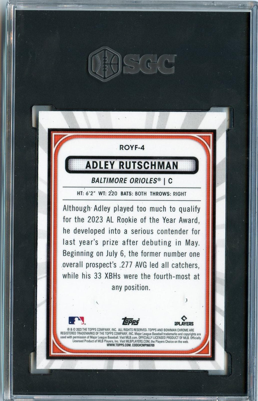 2023 Bowman #ROYF-4 Adley Rutschman Rookie of the Year Favorites SGC 10 — Back