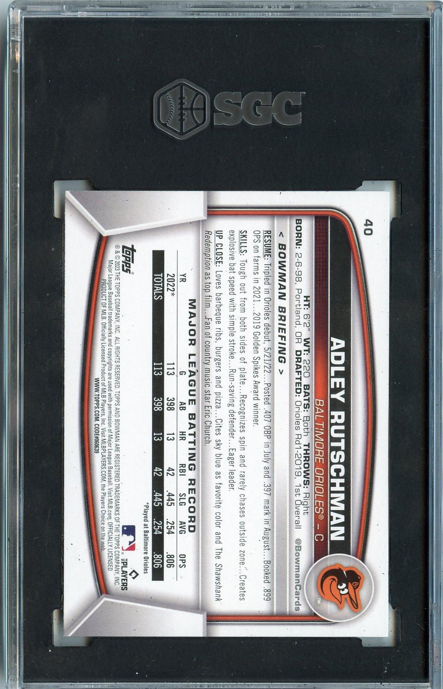 2023 Bowman #40 Adley Rutschman RC SGC 10 — Back