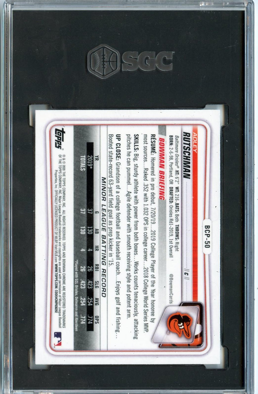2020 Bowman #BCP-50 Adley Rutschman Chrome Prospects SGC 9 — Back
