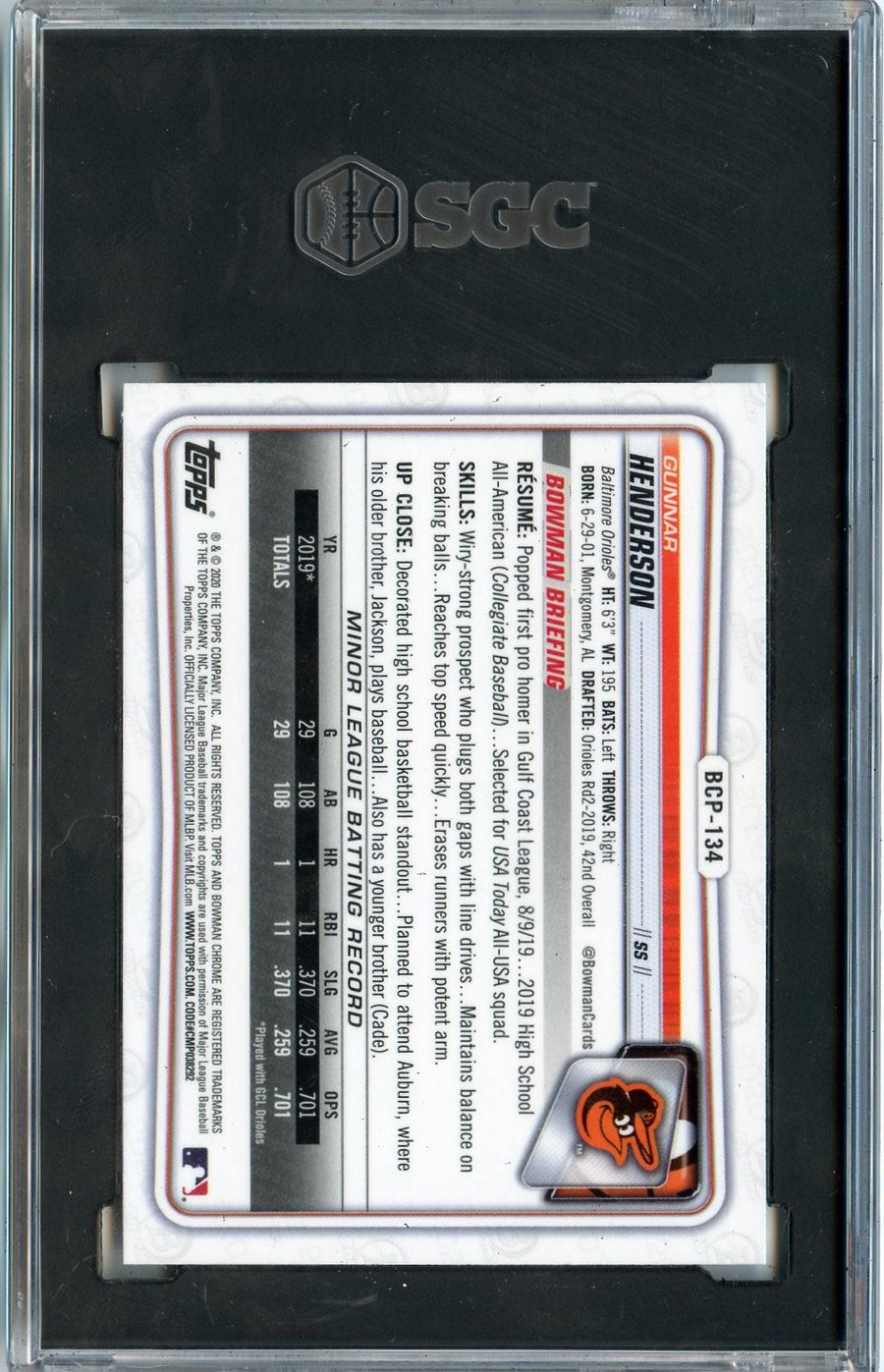 2020 Bowman #BCP-134 Gunnar Henderson Chrome Prospects SGC 9 — Back
