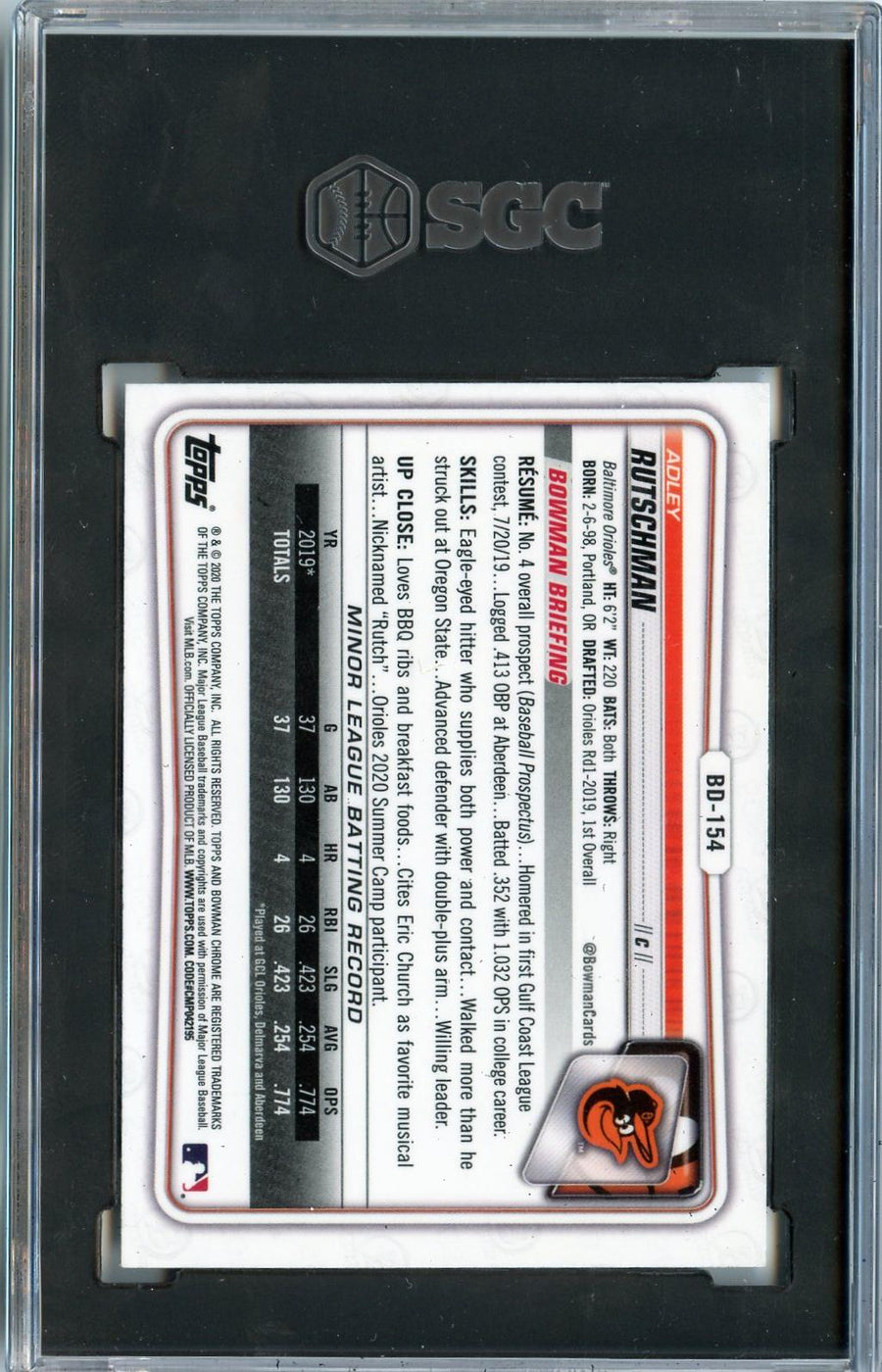 2020 Bowman Chrome Draft #BD-154 Adley Rutschman SGC 8 — Back