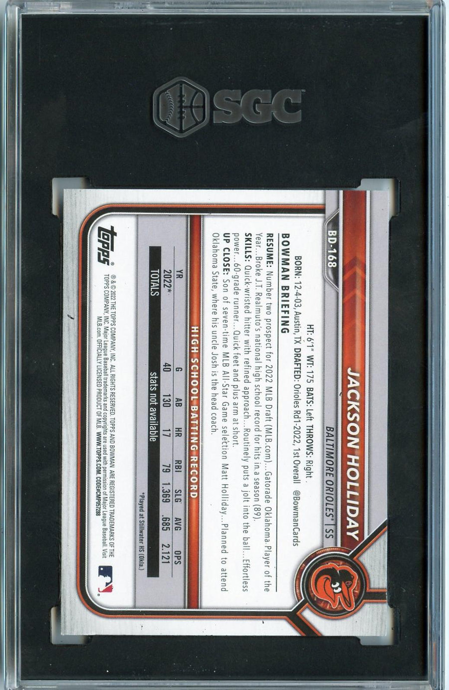 2022 Bowman Draft #BD-168 Jackson Holliday SGC 8 — Back