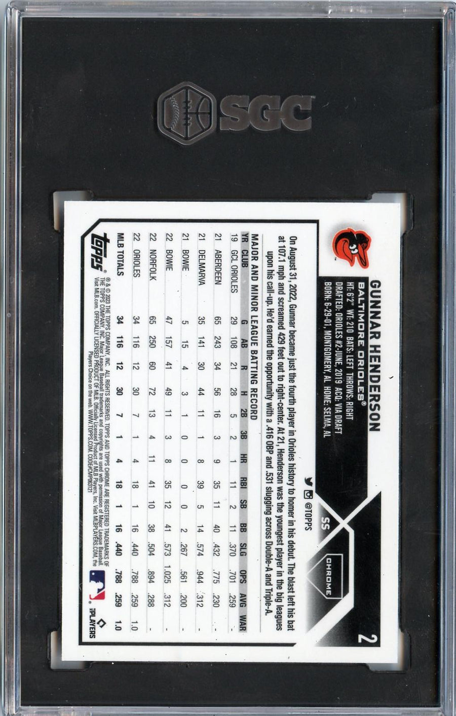 2023 Topps Chrome #2 Gunnar Henderson RC SGC 9.5 — Back