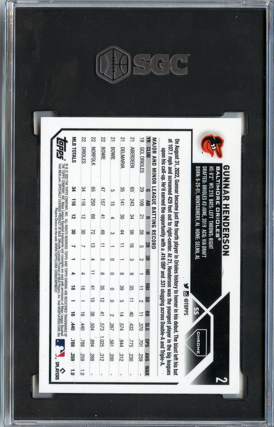 2023 Topps Chrome #2 Gunnar Henderson RC SGC 9 — Back