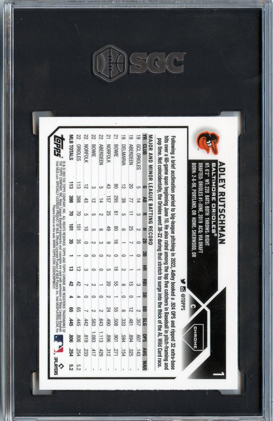 2023 Topps Chrome #1 Adley Rutschman RC SGC 9 — Back