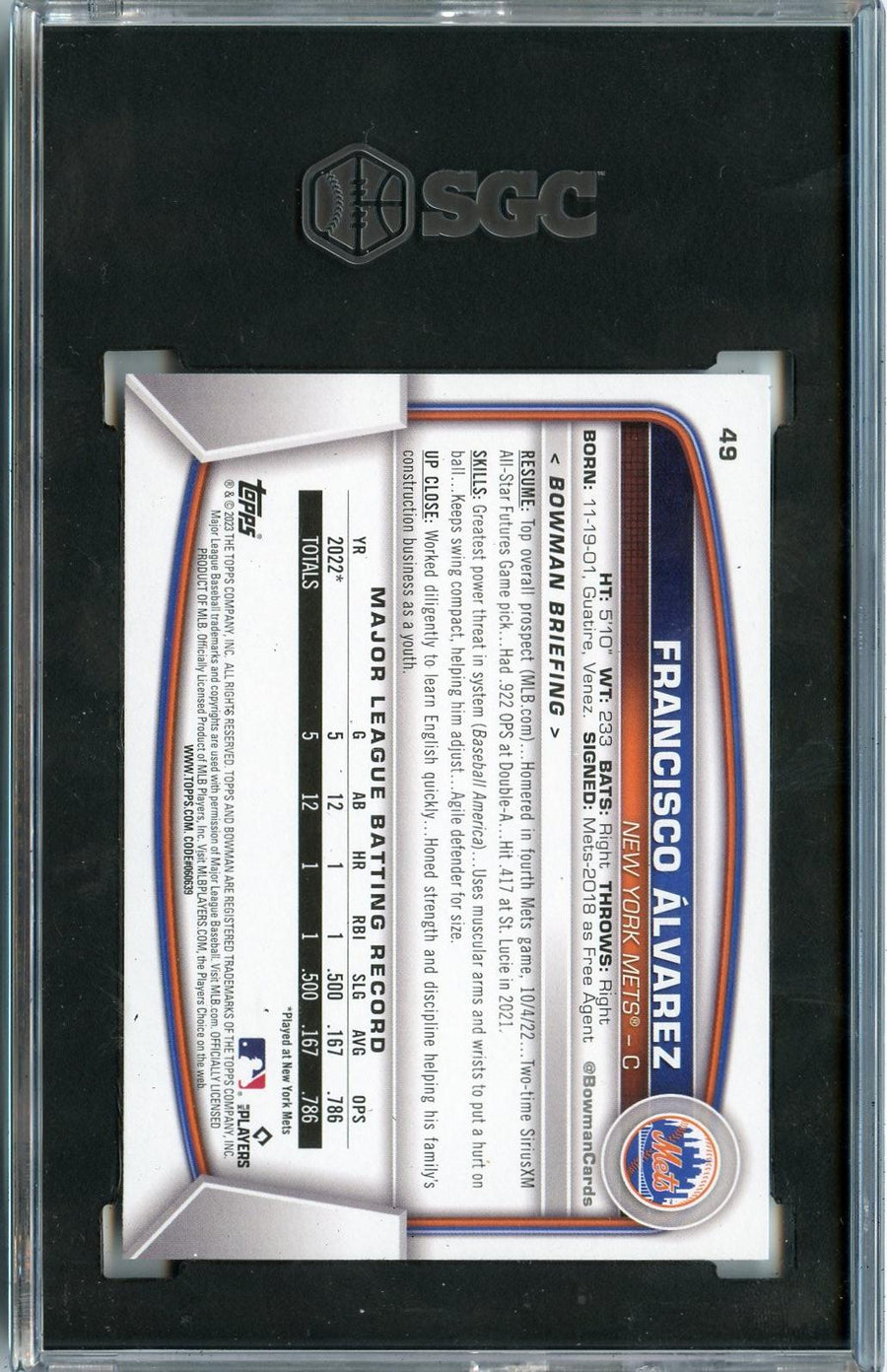 2023 Bowman #49 Francisco Alvarez RC SGC 10 — Back