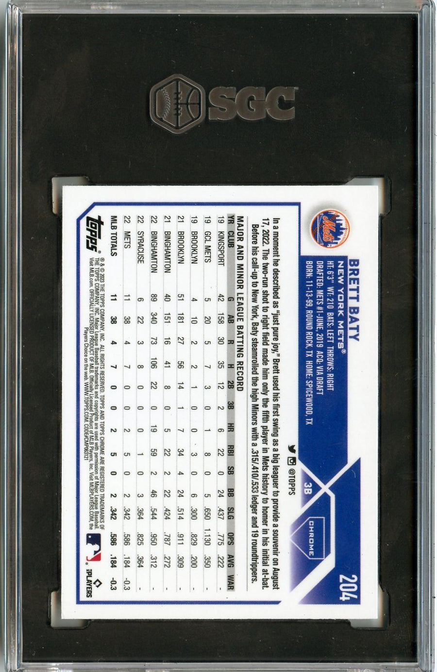 2023 Topps Chrome #204 Brett Baty RC SGC 9.5 — Back