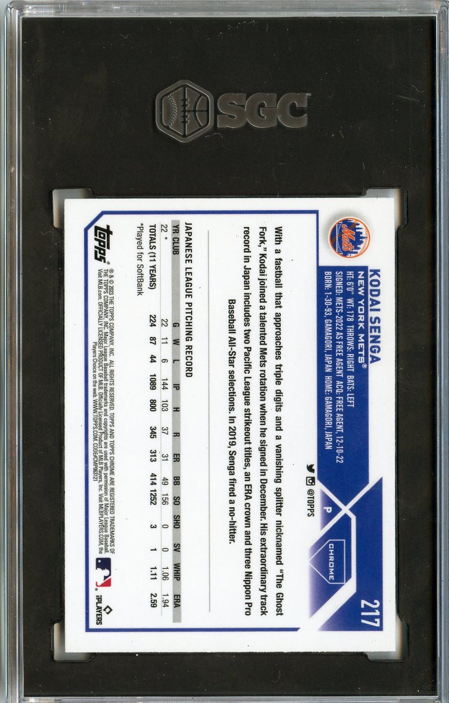 2023 Topps Chrome #217 Kodai Senga RC SGC 9 — Back
