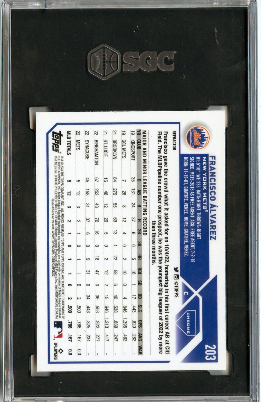 2023 Topps Chrome #203 Francisco ������������������lvarez Refractors RC SGC 9 — Back