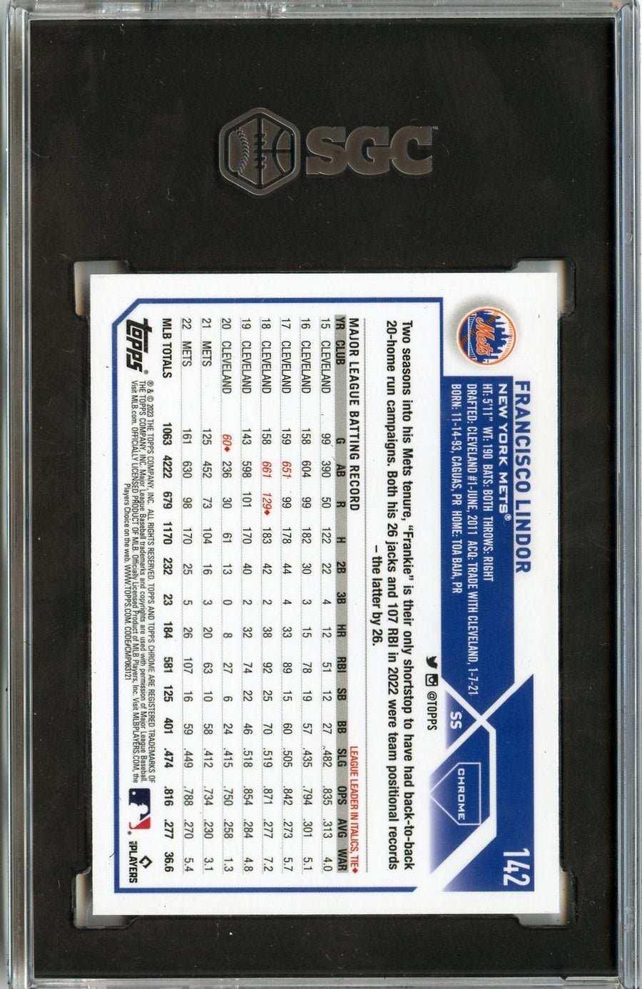 2023 Topps Chrome #142 Francisco Lindor Sepia Refractors SGC 9.5 — Back