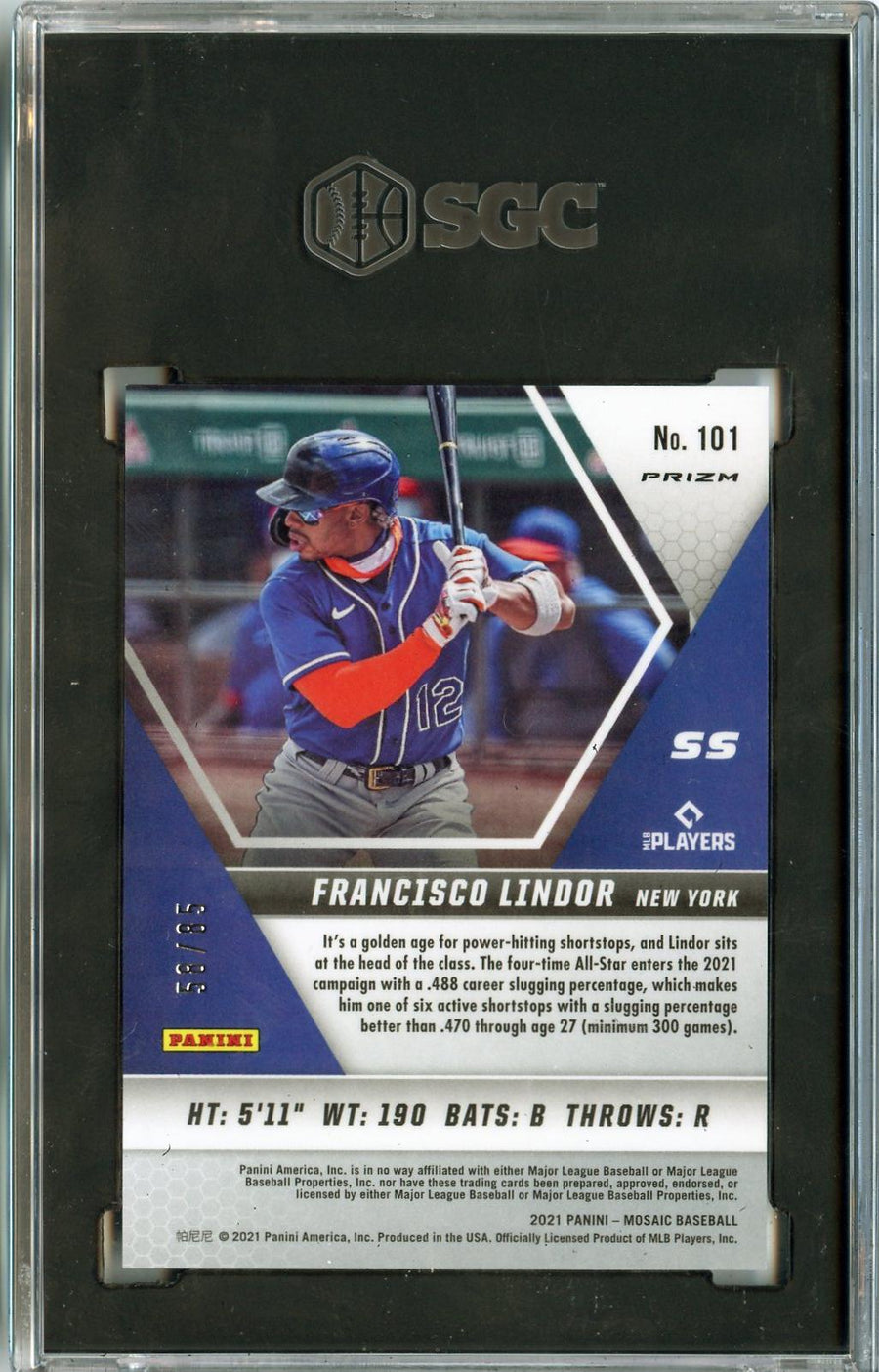 2021 Panini Mosaic #101 Francisco Lindor Blue Quick Pitch Prizm SGC 8 — Back