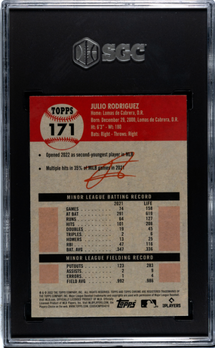 2022 Topps Chrome Platinum Anniversary #171 Julio Rodriguez RC SGC 9.5 — Back