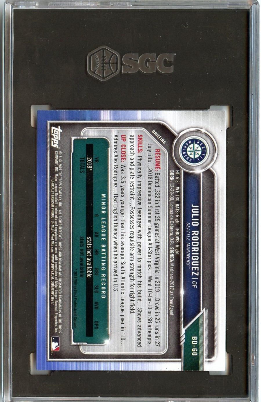 2019 Bowman Draft #BD-60 Julio Rodriguez SGC 9.5 — Back