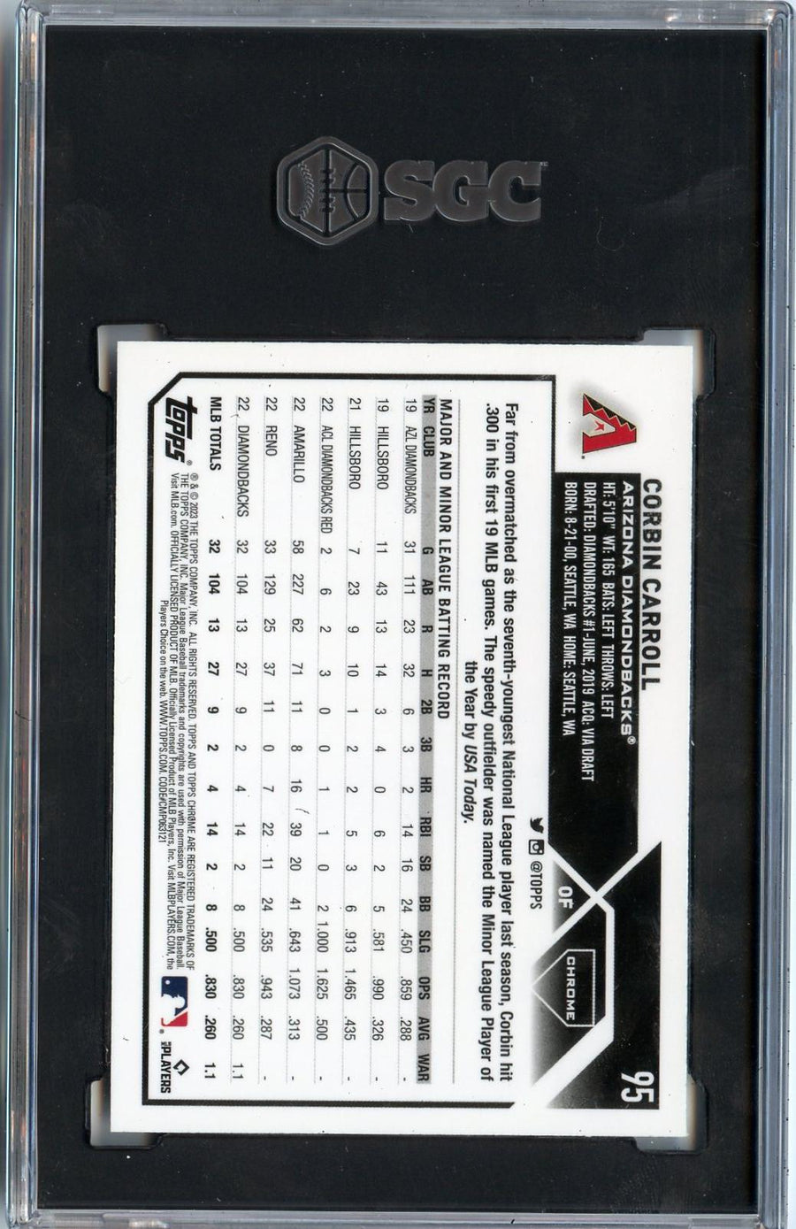 2023 Topps Chrome #95 Corbin Carroll RC SGC 10 — Back