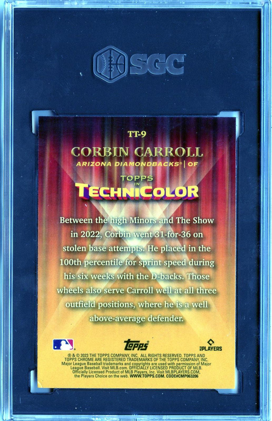 2023 Topps Chrome #TT-9 Corbin Carroll Topps in Technicolor RC SGC 8 — Back