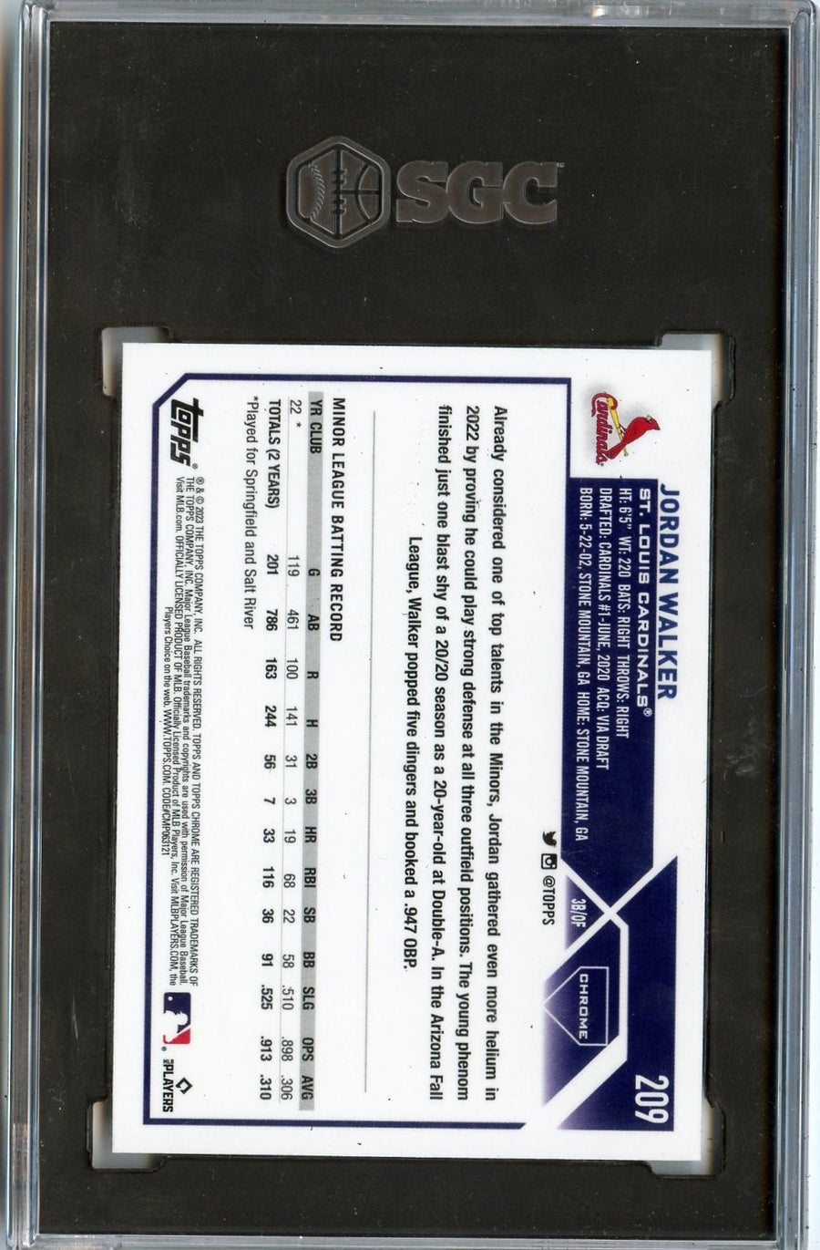 2023 Topps Chrome #209 Jordan Walker RC SGC 9.5 — Back